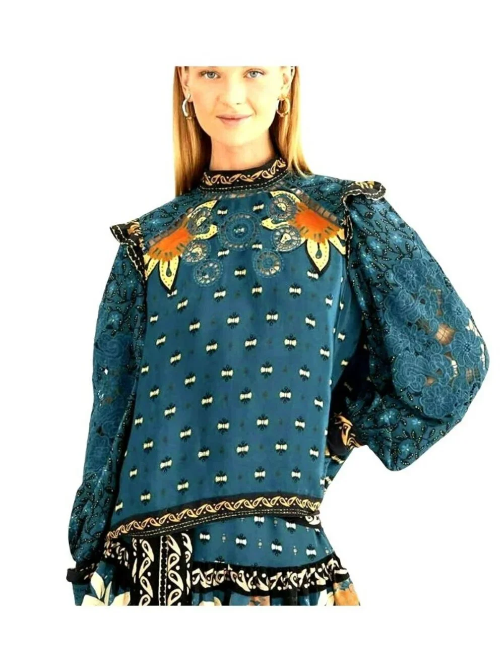 Farm Rio Blue Ainika Chill Long Sleeve Blouse Small New